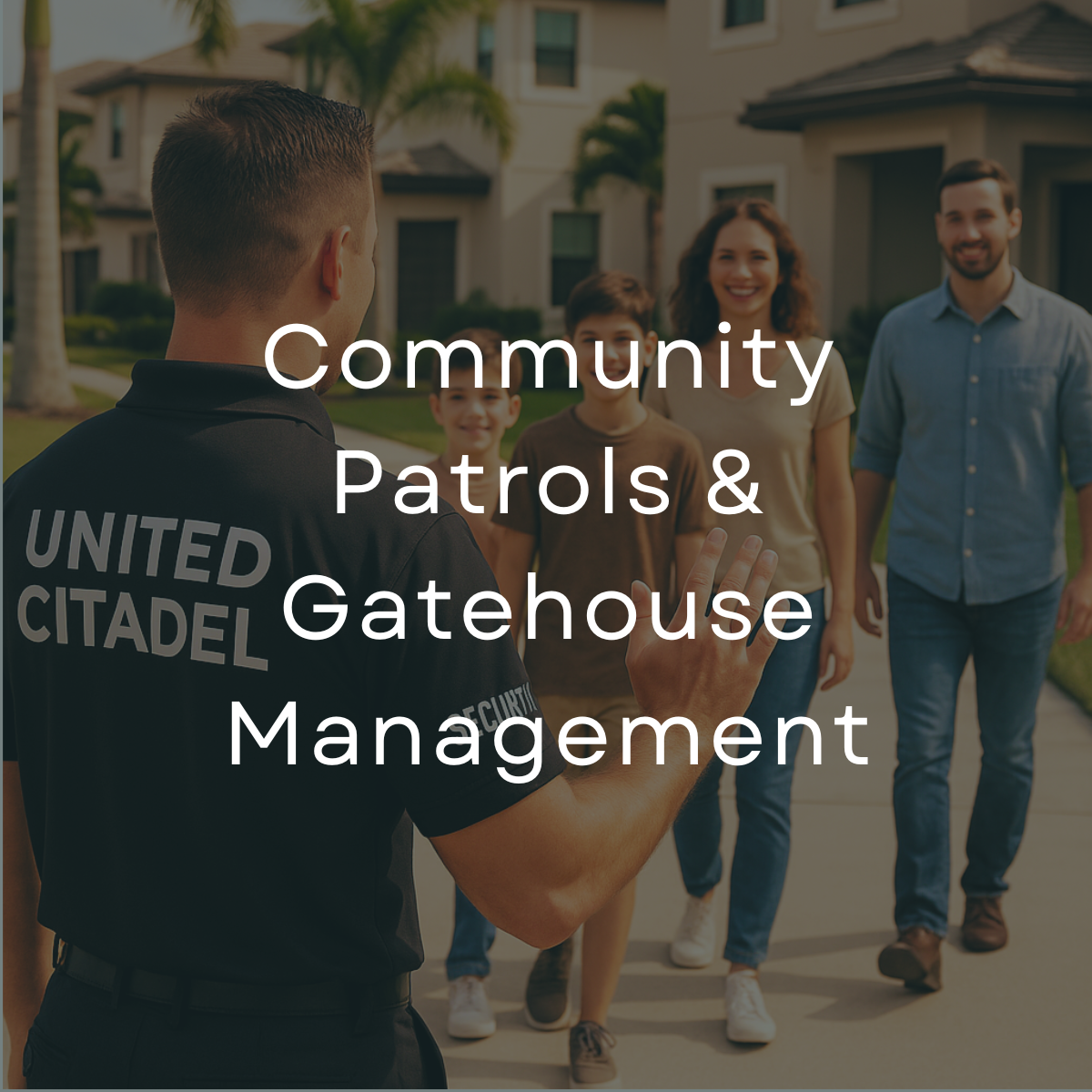 Community patrol officer speaking with a diverse group of children and adults in a residential neighborhood.