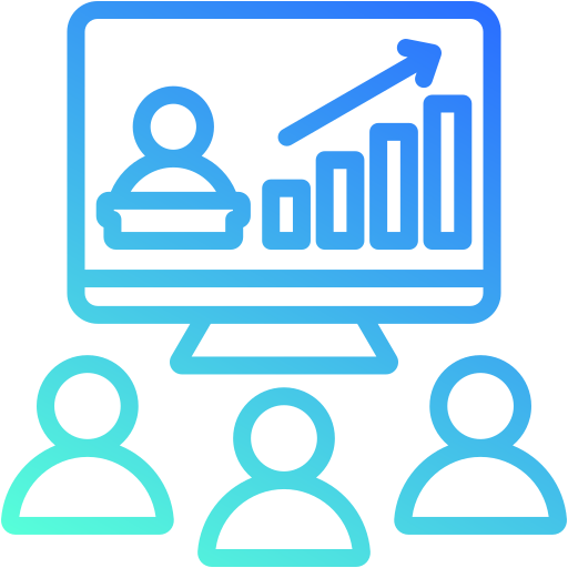Icon showing online presentation with audience and growth graph