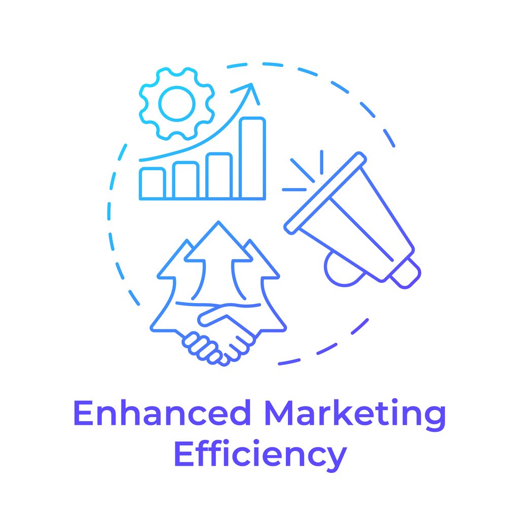 Line drawing of a gear, bar graph with an upward arrow, megaphone, and a handshake within a dotted circle, with the text "Enhanced Marketing Efficiency" below.
