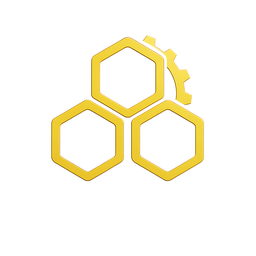 A yellow gear and three connected yellow hexagons on a white background.