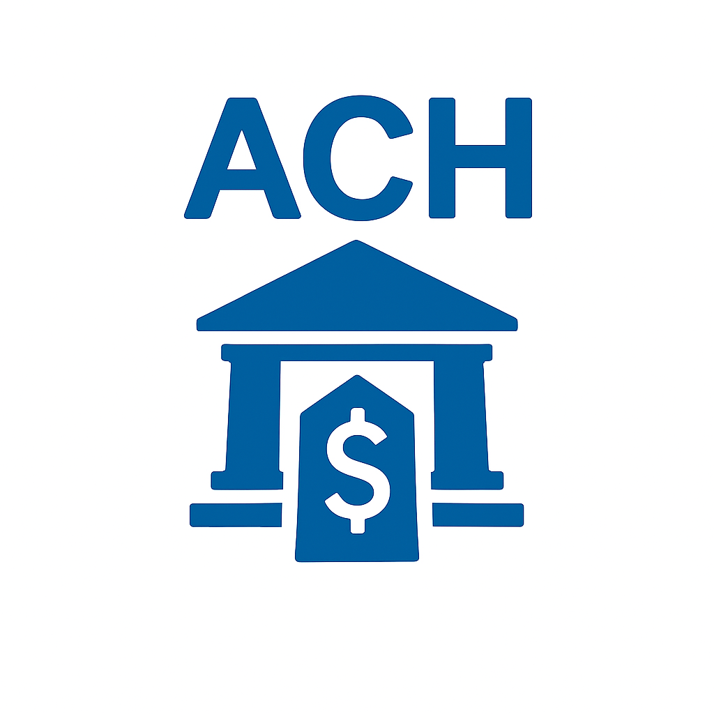 Blue icon of a government or bank building with a dollar sign on a door and the letters 'ACH' above it.