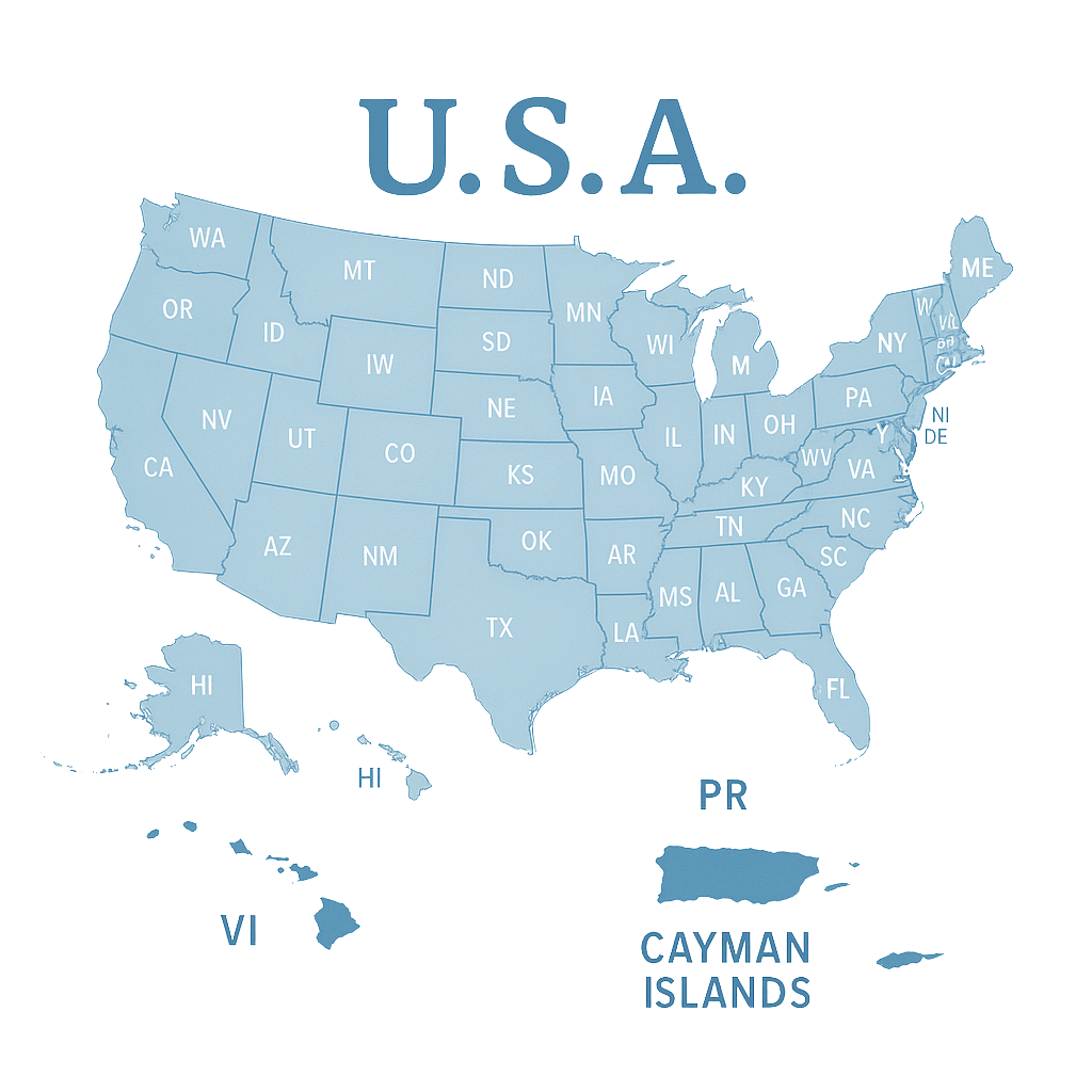 Light blue map of the United States with state abbreviations and the label 'U.S.A.'.