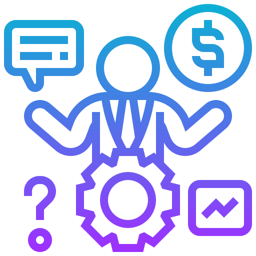 Business management icon featuring a person with speech bubble, dollar sign, gear, question mark, and graph symbols.