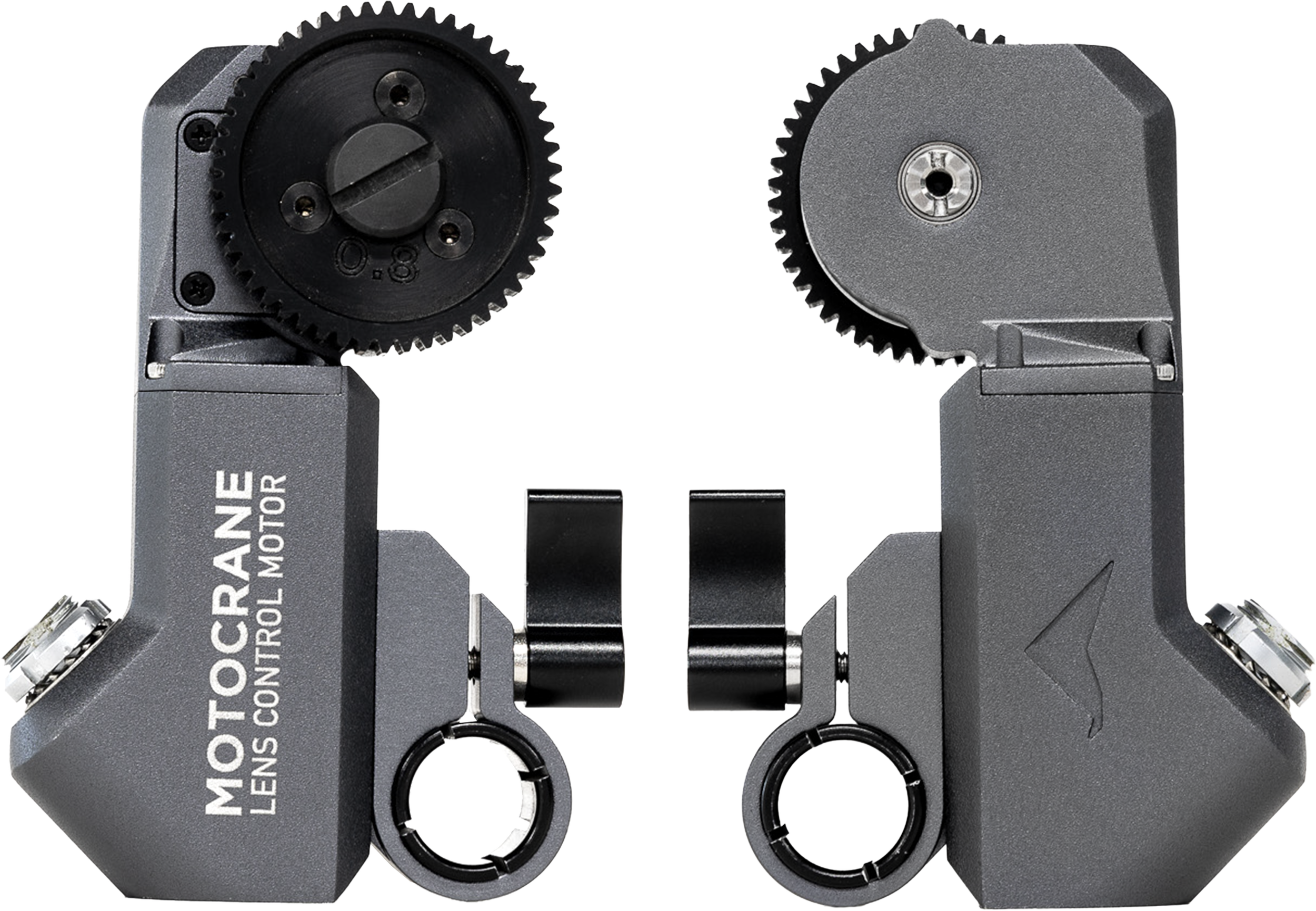 A Metorane lens control motor with gears and adjustment knobs.