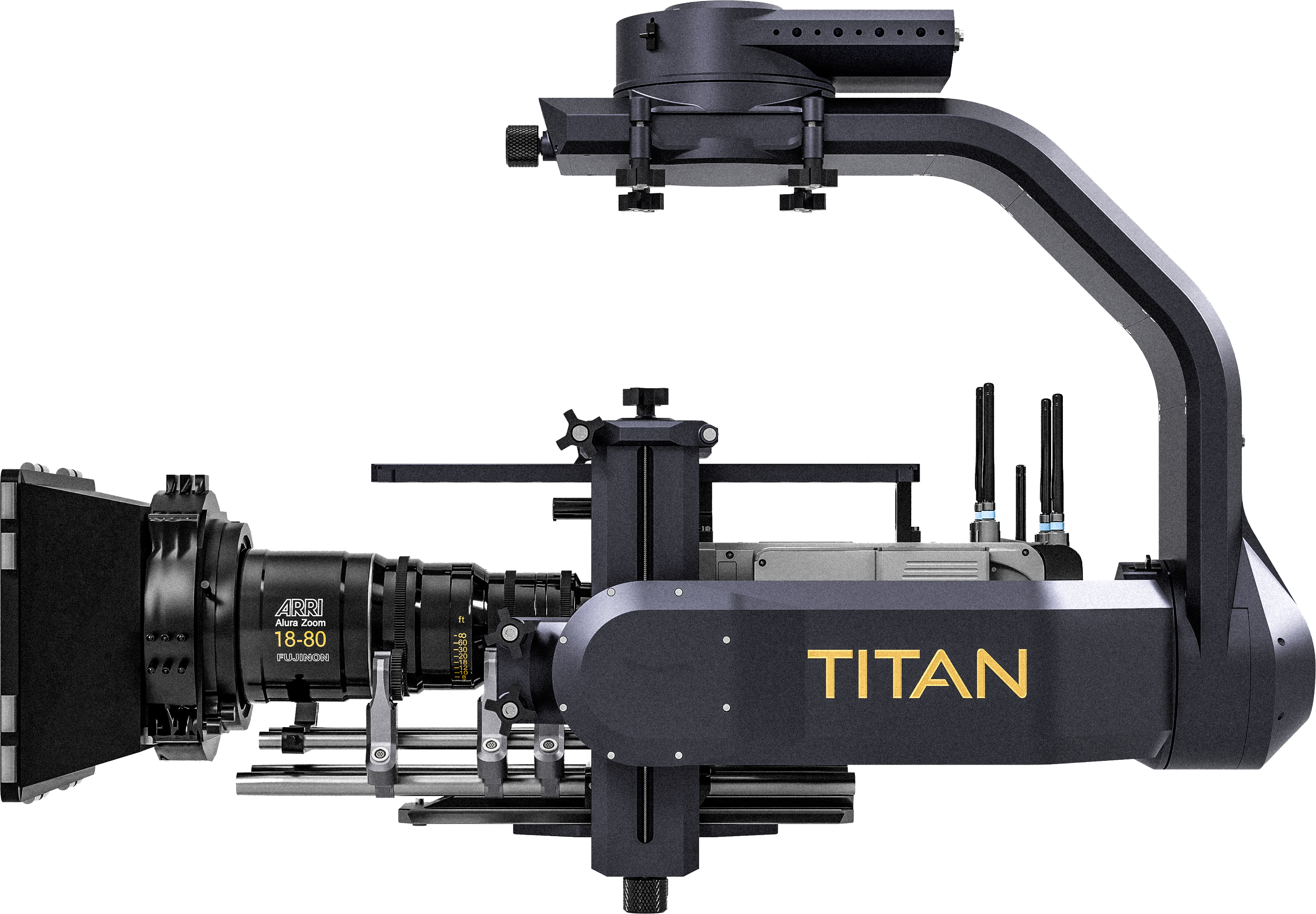 Close-up of a professional camera mounted on a robotic gimbal stabilizer labeled 'TITAN'. The camera lens is labeled 'ARRI Alura Zoom 18-80.'