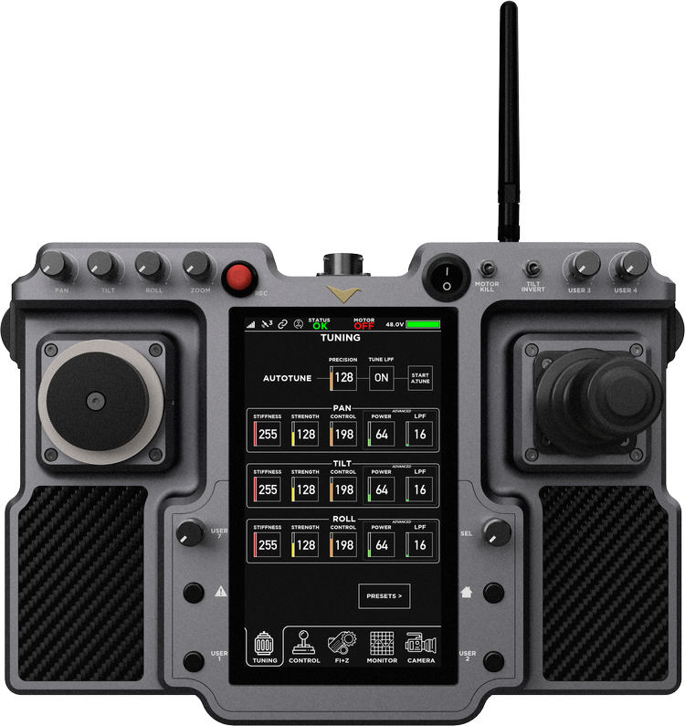 A drone remote controller with two joysticks, multiple buttons, and a central digital display screen showing tuning and control settings.