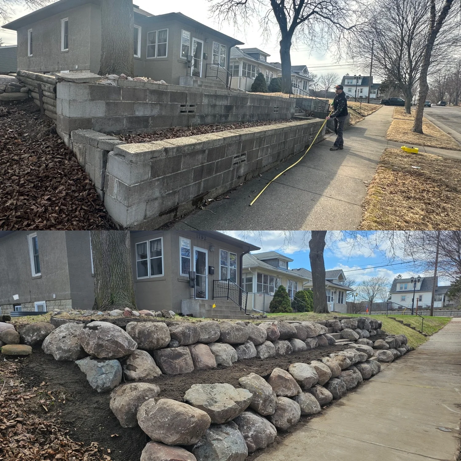 Before and after — concrete block wall replaced with fieldstone boulder wall — Maplewood MN — Heritage Outdoors
