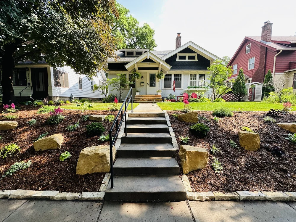 Limestone outcropping front yard landscape — Macalester-Groveland Saint Paul MN — Heritage Outdoors