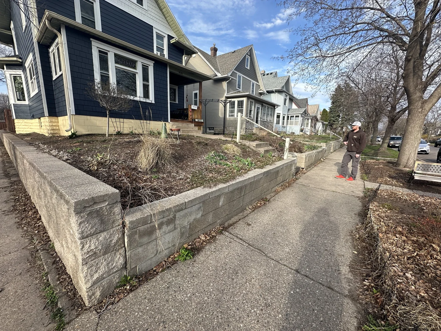 Failing cinder block retaining wall before replacement — left side — Hamline-Midway Saint Paul MN — Heritage Outdoors