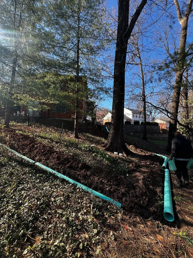 Person installing a green drainage pipe on a slope among trees in a residential area on a sunny day.