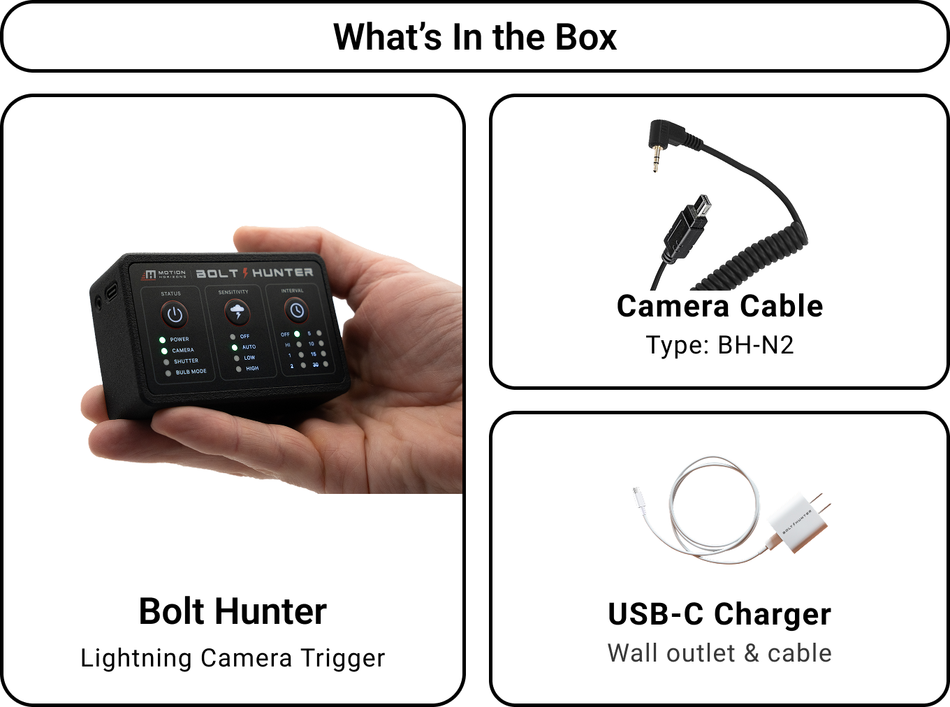A box showing the contents of a camera equipment kit, including a Bolt Hunter lightning camera trigger held in a person's hand, a black coiled camera cable labeled BH-N2, and a white USB-C charger with a wall outlet and cable.