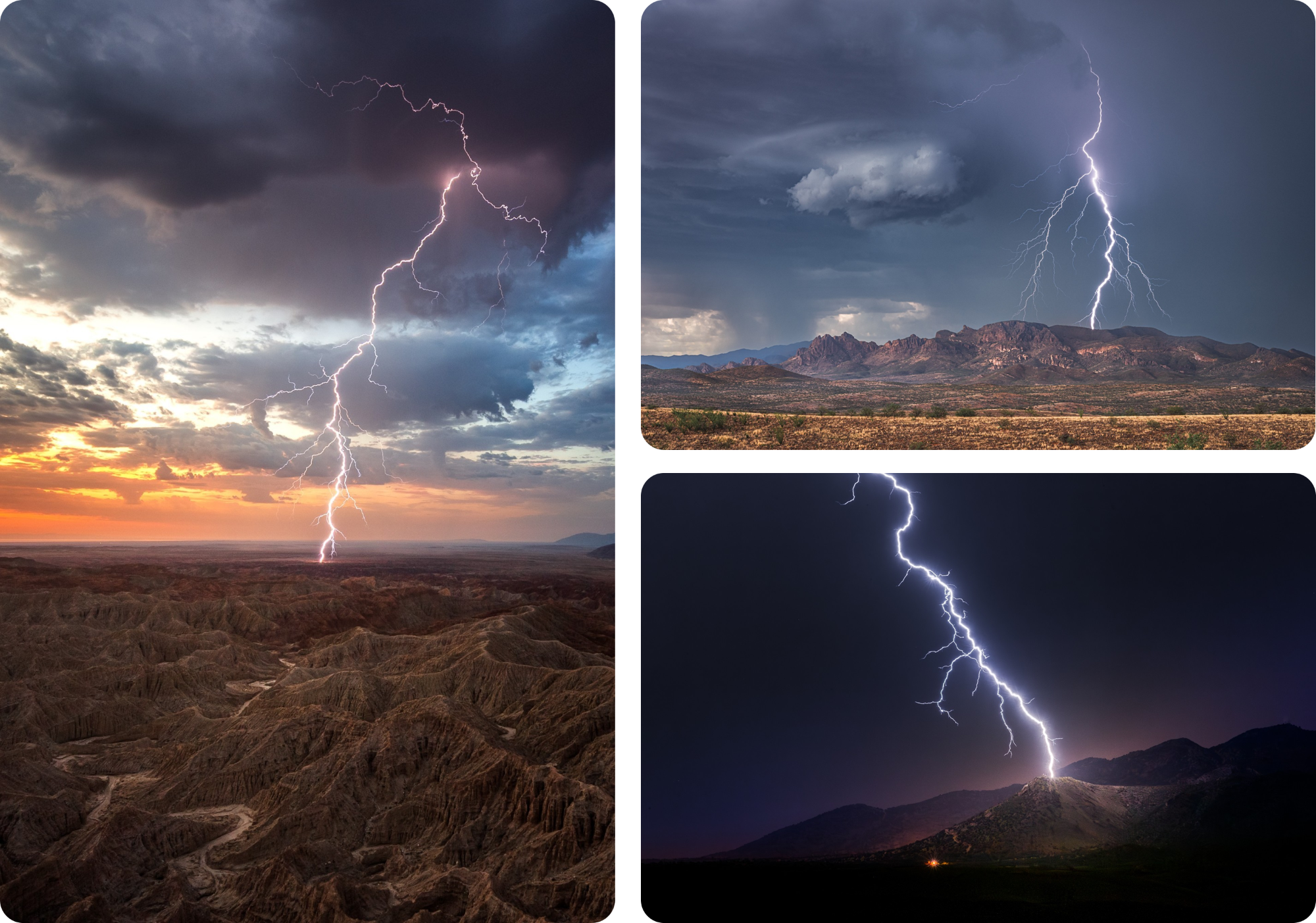 Three images of lightning bolts in both daytime and nighttime