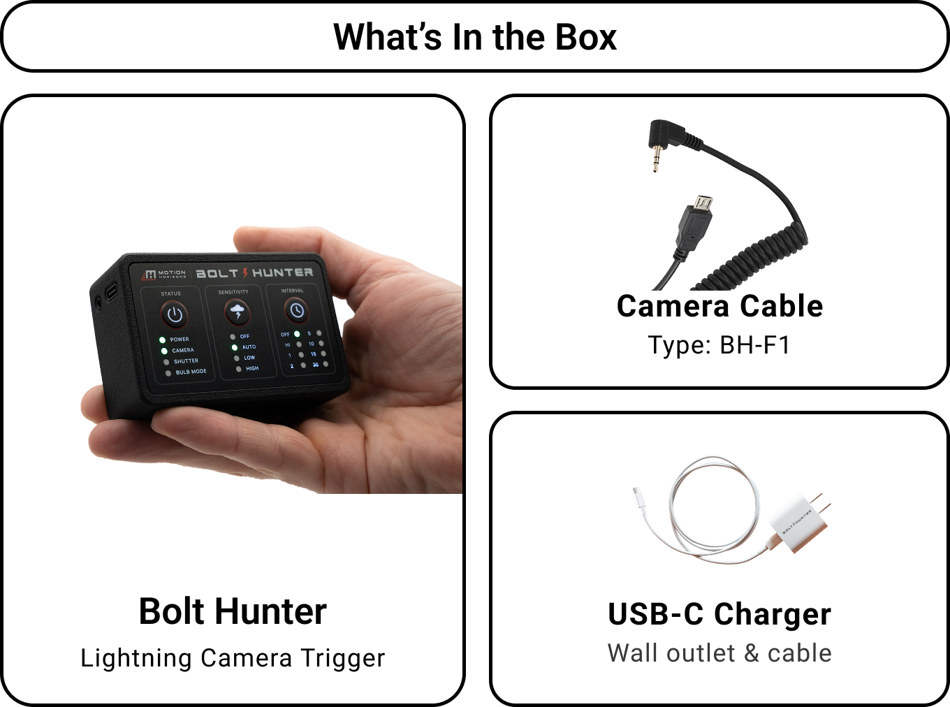 An illustration showing the contents of a Bolt Hunter kit, including a black portable device with various control lights and labels, a black camera cable labeled BH-F1, and a white USB-C charger with wall outlet and cable.