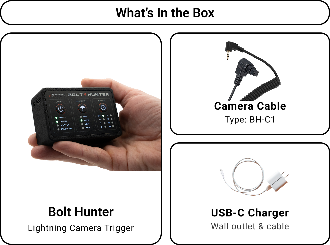 A kit showing a Bolt Hunter lightning camera trigger, a camera cable type BH-C1, and a USB-C charger with cable. The Bolt Hunter device is black with controls and indicator lights, held in a person's hand.