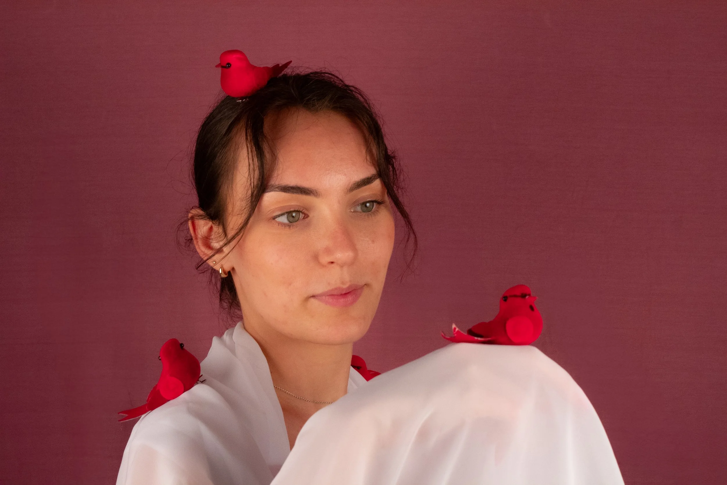 Une jeune femme avec des oiseaux rouges en peluche sur sa tête, son épaule et une grande surface en tissu blanc devant elle, avec un fond rose