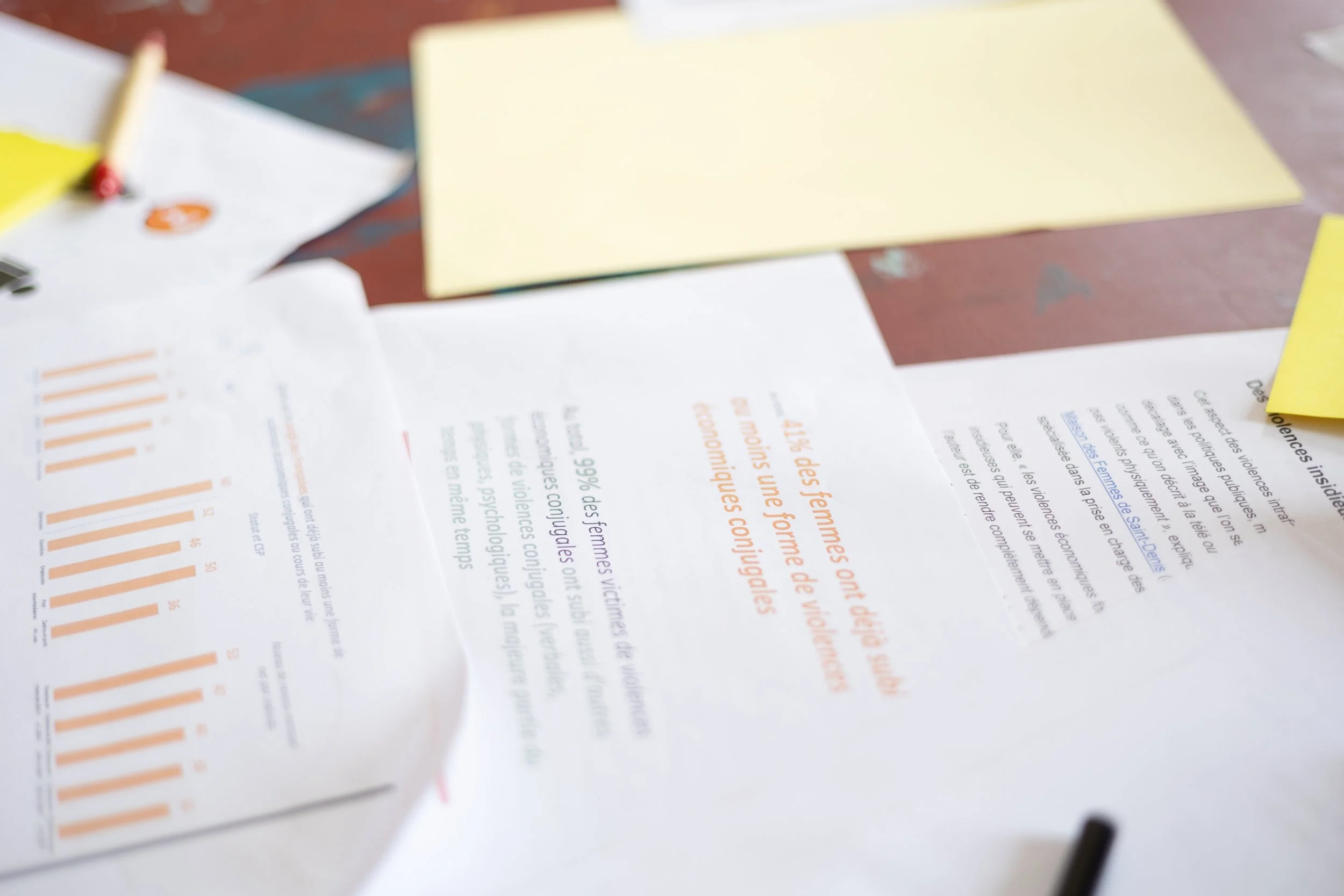 Des feuilles de papier avec des graphiques et du texte, accompagnées de feuilles de couleur jaune, sur une table en bois.