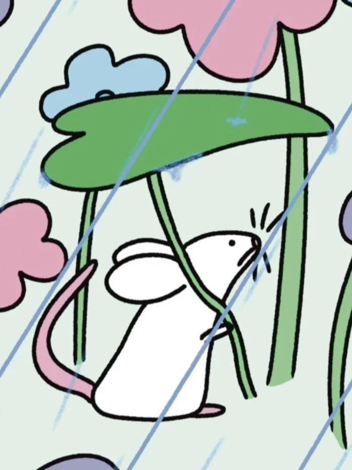 A cartoon mouse holding a leaf umbrella in the rain, surrounded by colorful flowers.