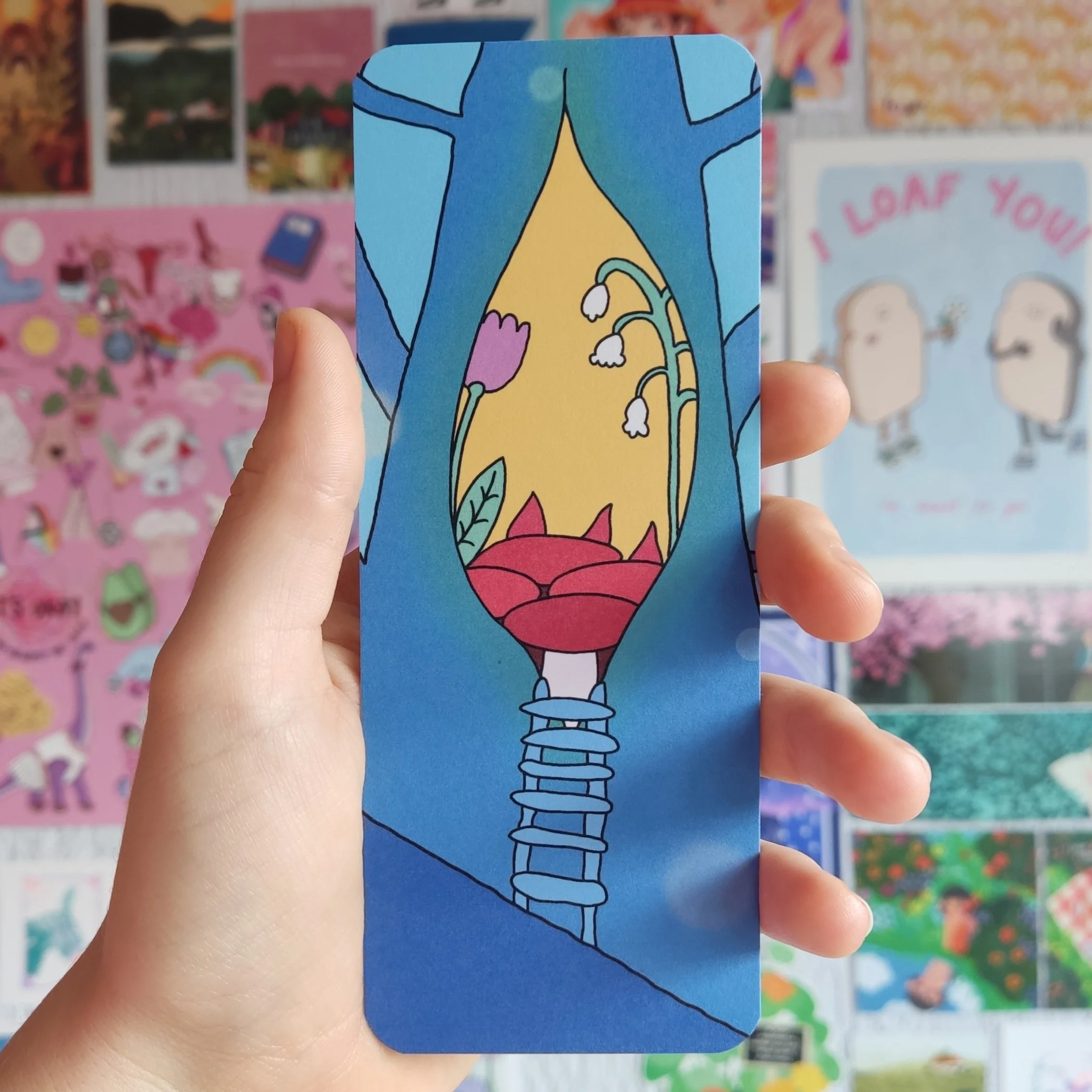 Colorful illustration of a tree with a gnome inside, all depicted in a simple, cartoon style.