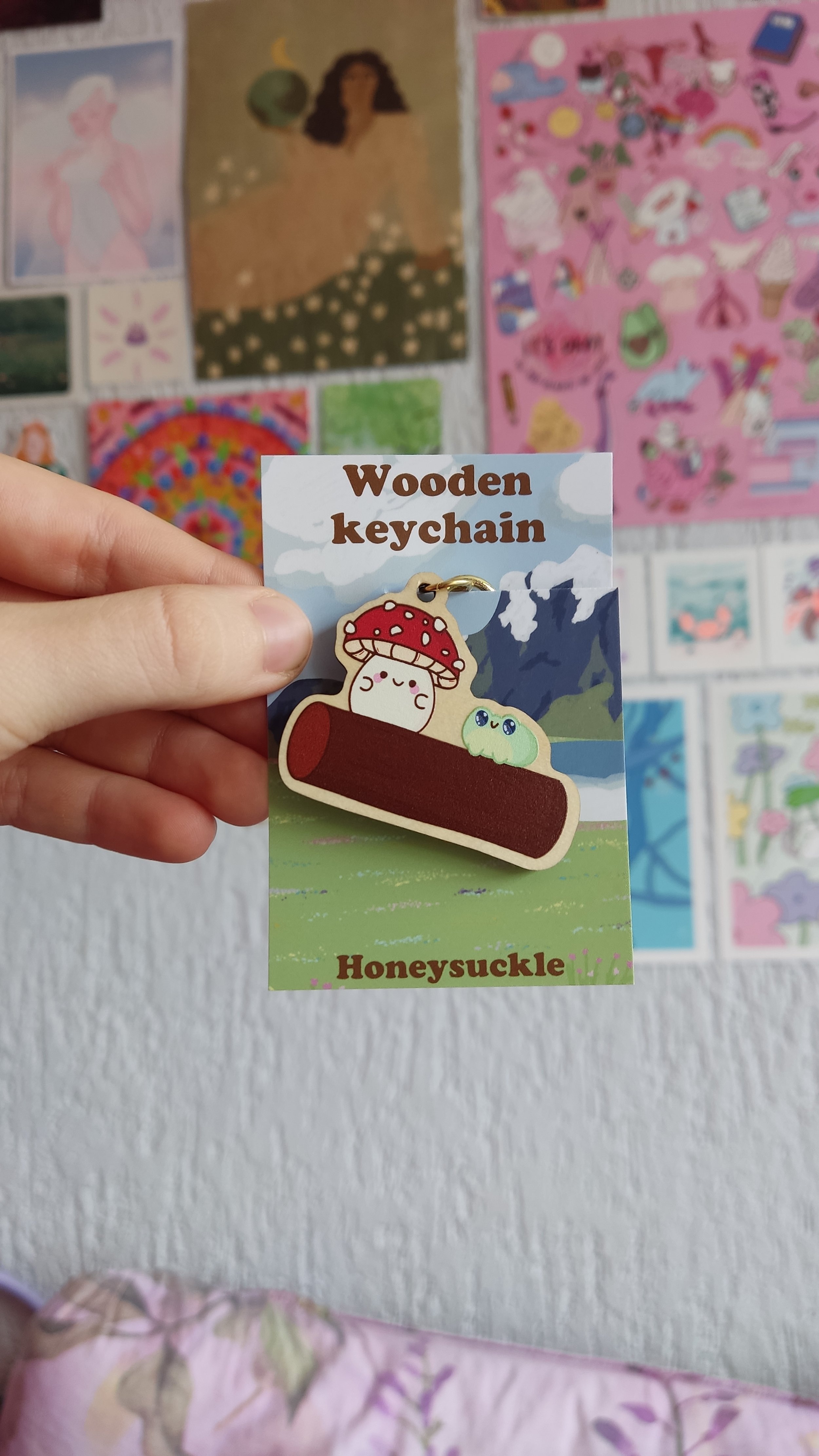 Frog and Mushroom on Log Wooden Keychain
