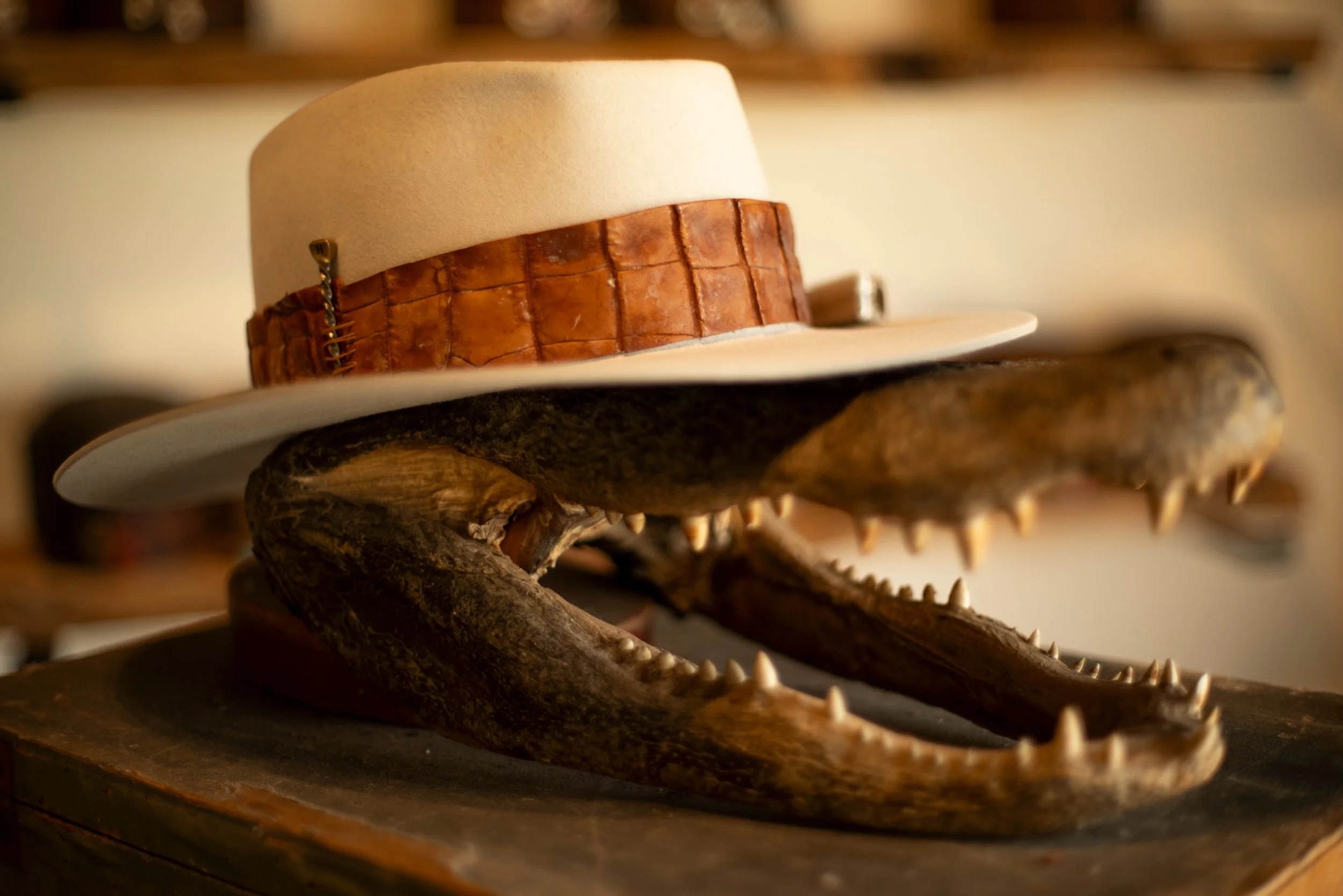 - Made for Steve, the silverbelly nutria with &ldquo;Meggie&rsquo;s Brick&rdquo; crown. Vintage cognac alligator, iguana accents, gold-plated tobacco leaf, twisted Texas toothpick, cigar holder on the brim. 

#TilDeathHatCo #Millinery #Ybor