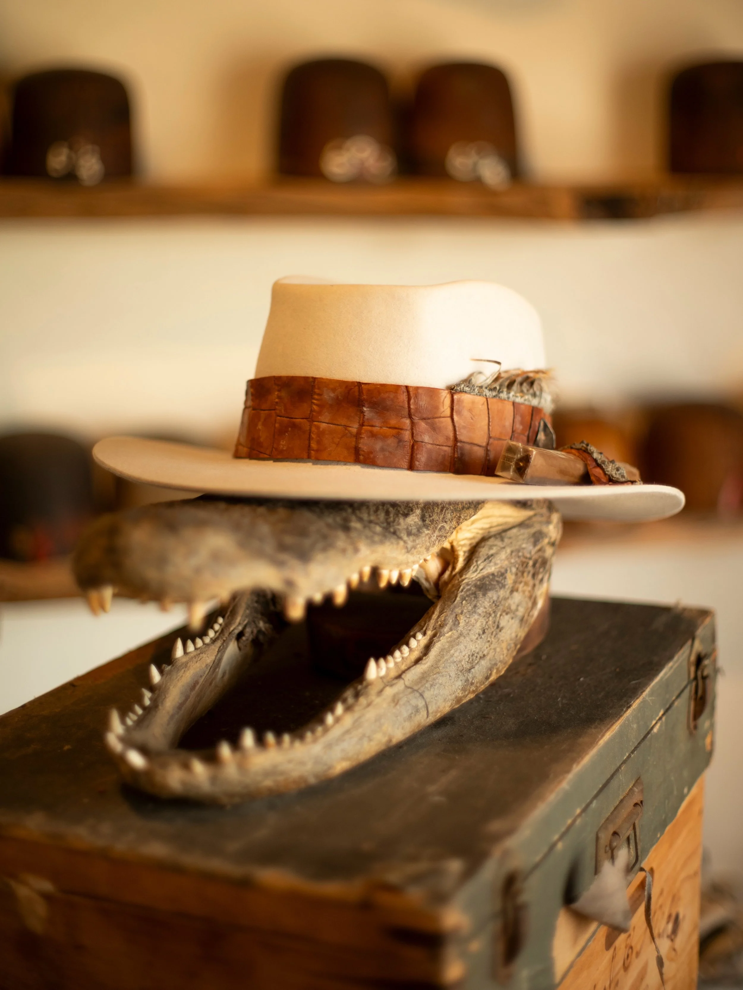 - Made for Steve, the silverbelly nutria with &ldquo;Meggie&rsquo;s Brick&rdquo; crown. Vintage cognac alligator, iguana accents, gold-plated tobacco leaf, twisted Texas toothpick, cigar holder on the brim. 

#TilDeathHatCo #Millinery #Ybor