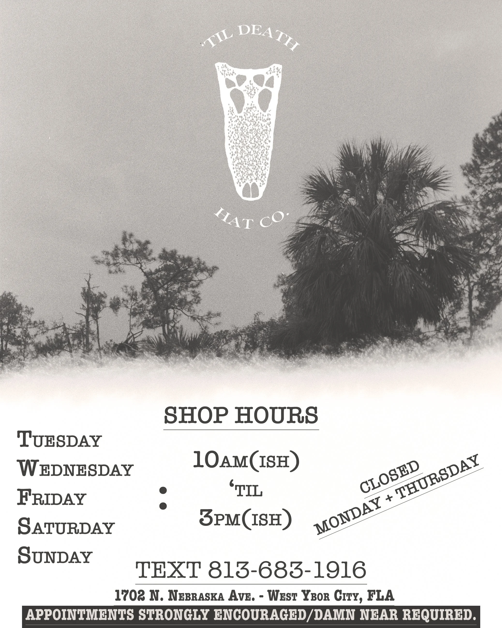 Til Death Hat Co, custom hat shop and hat makers in West Ybor, Tampa, Florida. Specializing in fur felt millinery, western hats, dress fedoras, custom boots. Best Ybor Shop, Best Florida Hat Shop, Better Than a Hat Bar. Boho, Tecovas, Coastal.