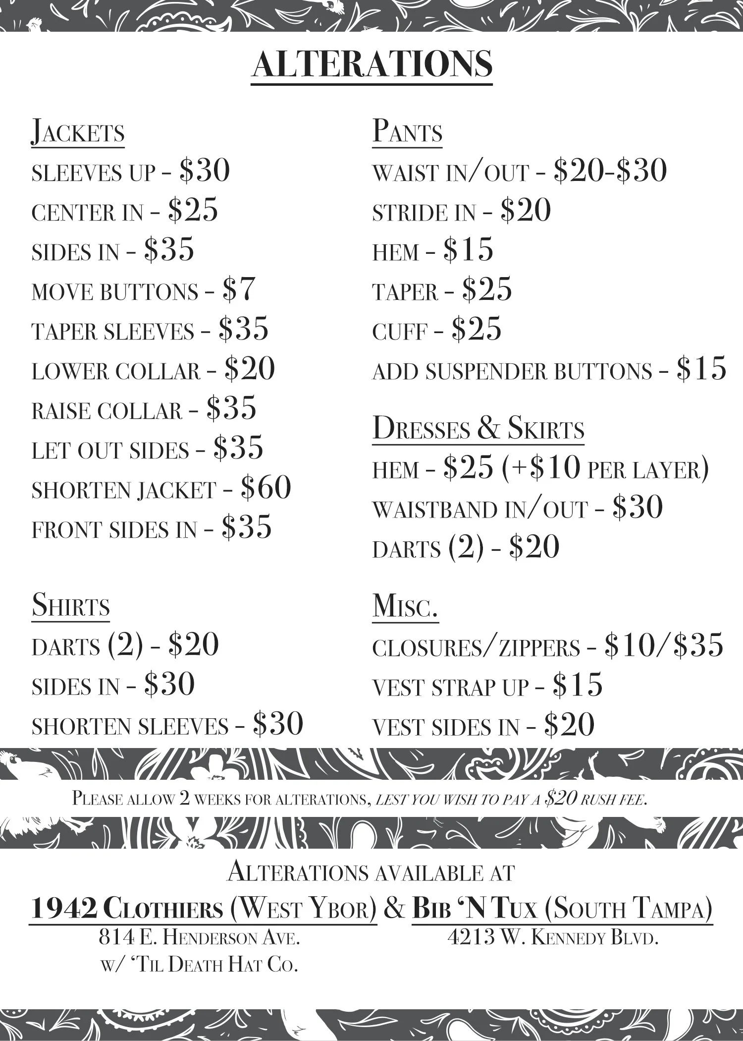 Ybor alterations available at 1942 Clothiers / Til Death Hat Co.