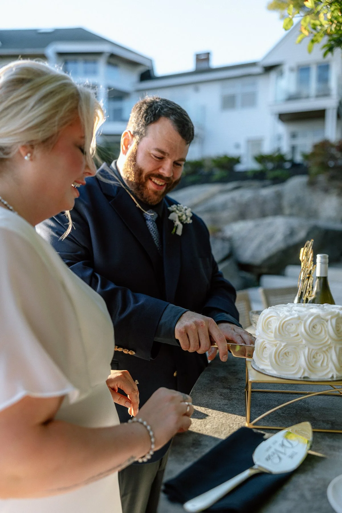 Wedding cake cutting at The Viewpoint Hotel in York Maine