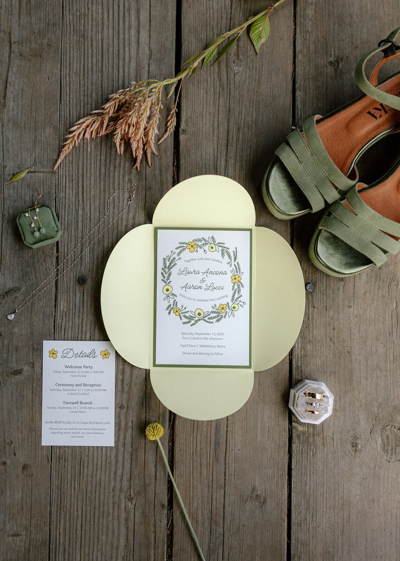 Tops'l Farm wedding flat-lay