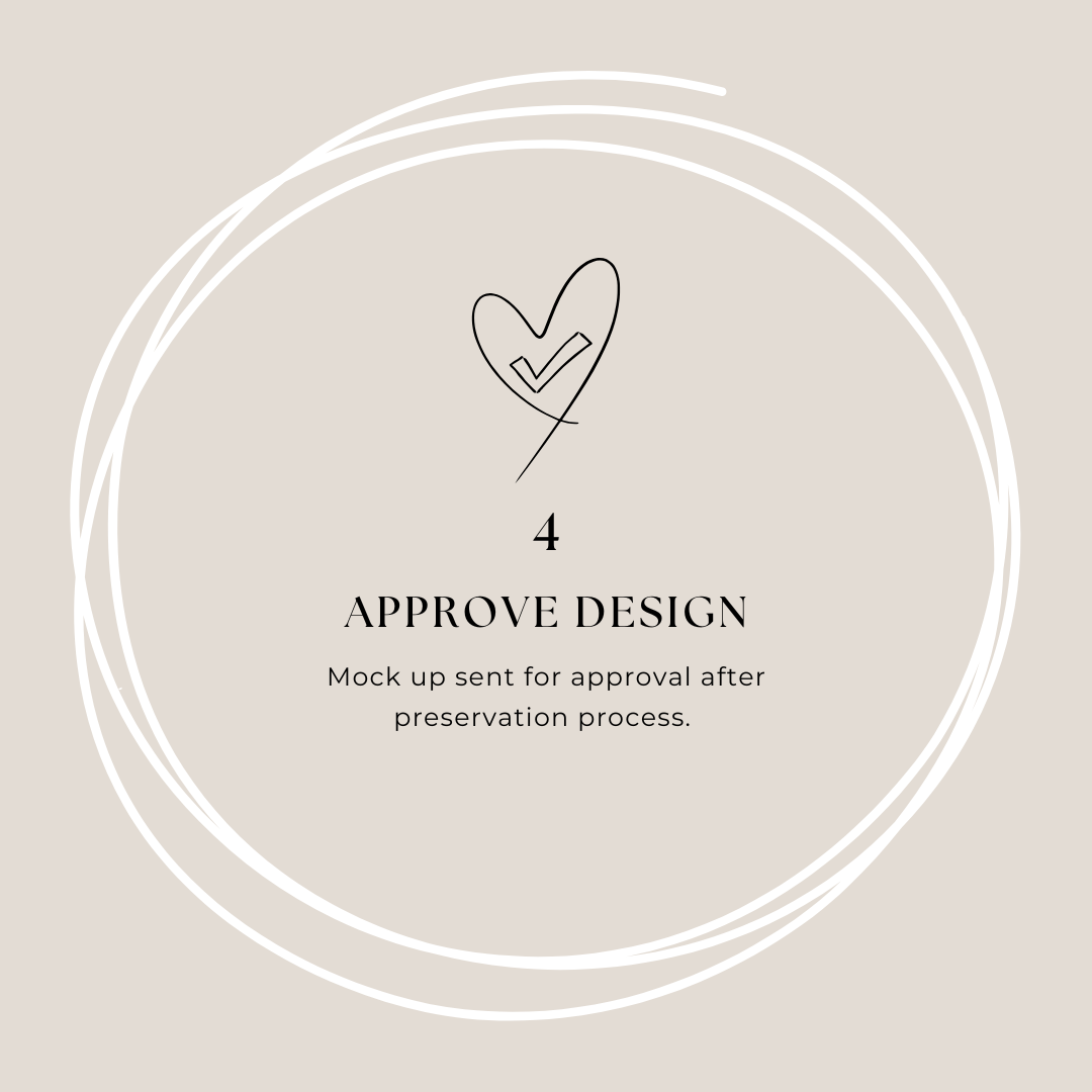 Mockup design approval step with a heart with a checkmark inside, surrounded by a circular scribble, on a beige background.