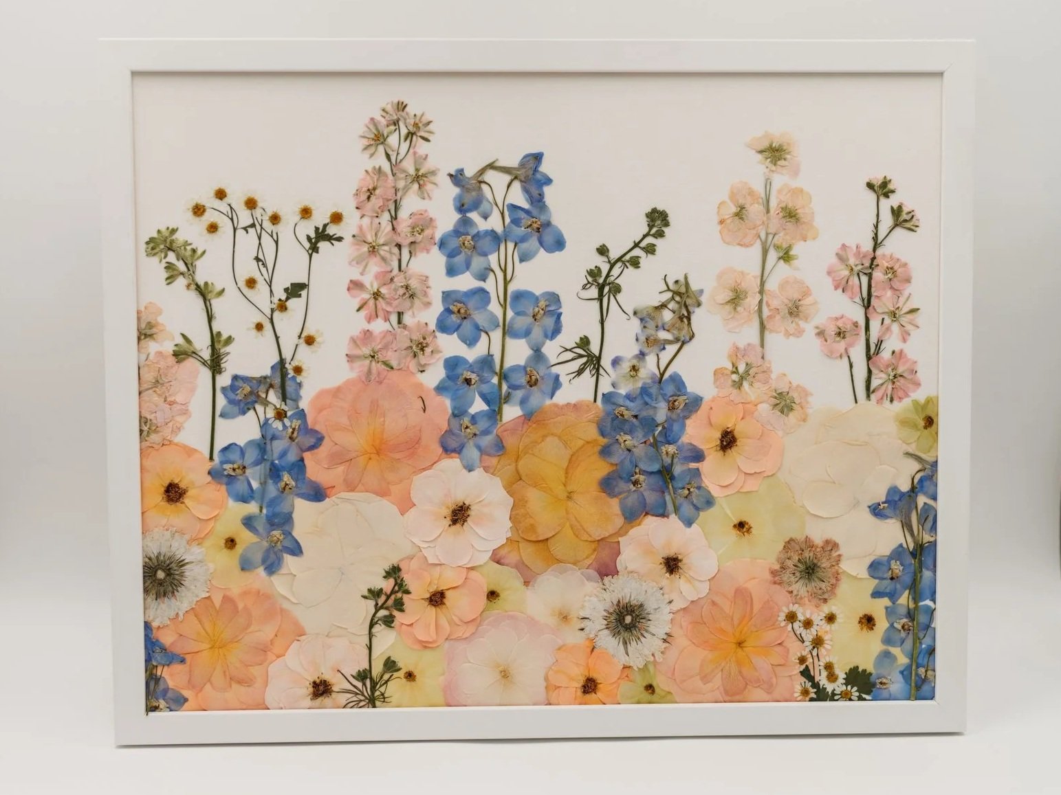 Pressed flowers arranged in a floral pattern with pink, blue, peach, and white blossoms framed with a white border.