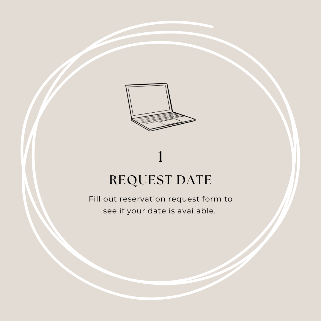 An informational graphic with a minimalist design instructing viewers to request a date by filling out a reservation request form. It features a simple line drawing of a laptop, a large number 1, and the title 'Request Date' with accompanying instructions.