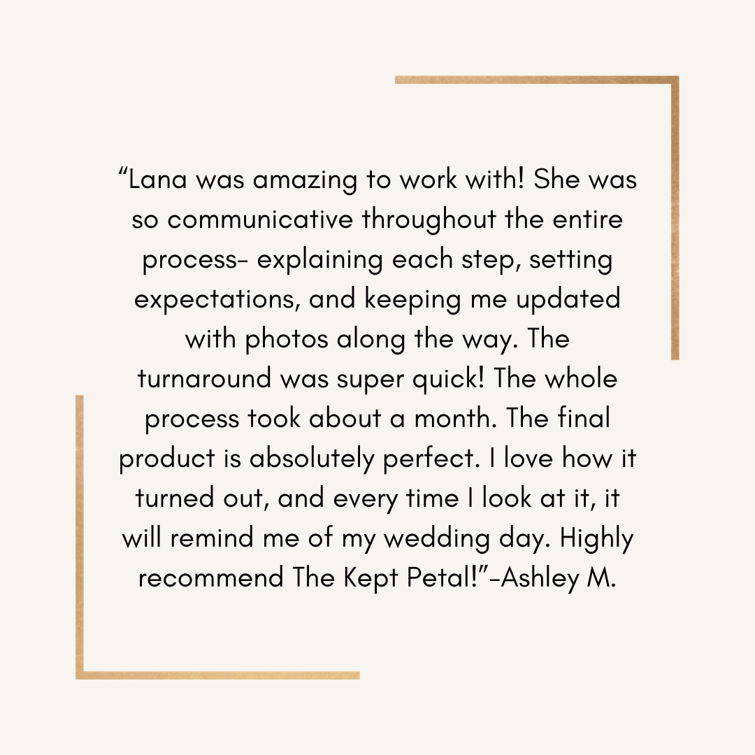 A customer review or testimonial on a white background with decorative border elements, praising Lana and the service received.