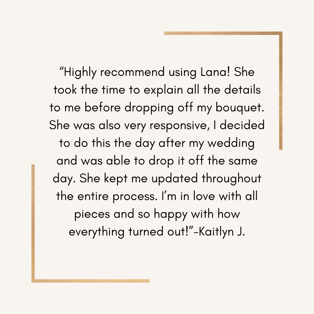 A written testimonial about a floral arrangement service, praising a person named Lana for her detailed explanation, responsiveness, and the quality of her work, with praise for her ability to deliver the bouquet on the same day as a wedding.