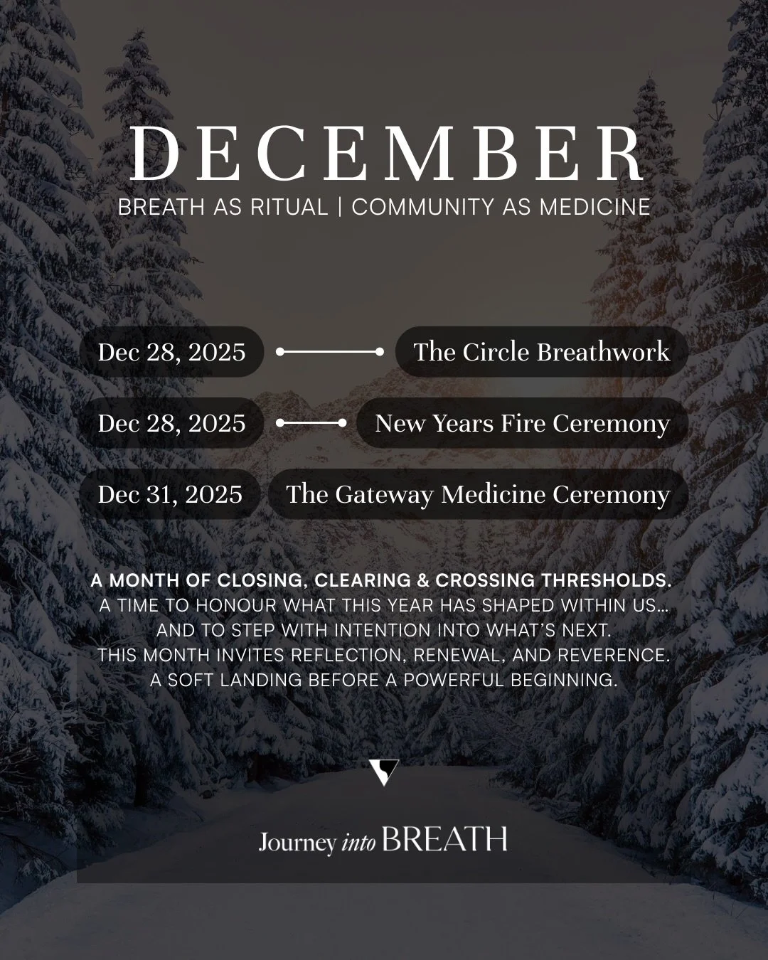🗓️ December invites us into reflection, completion, and quiet transformation.

As the year comes to a close, we&rsquo;re gathering in community to honor what 2025 has held and to step into 2026 with clarity, breath, and intention.

This space was cr
