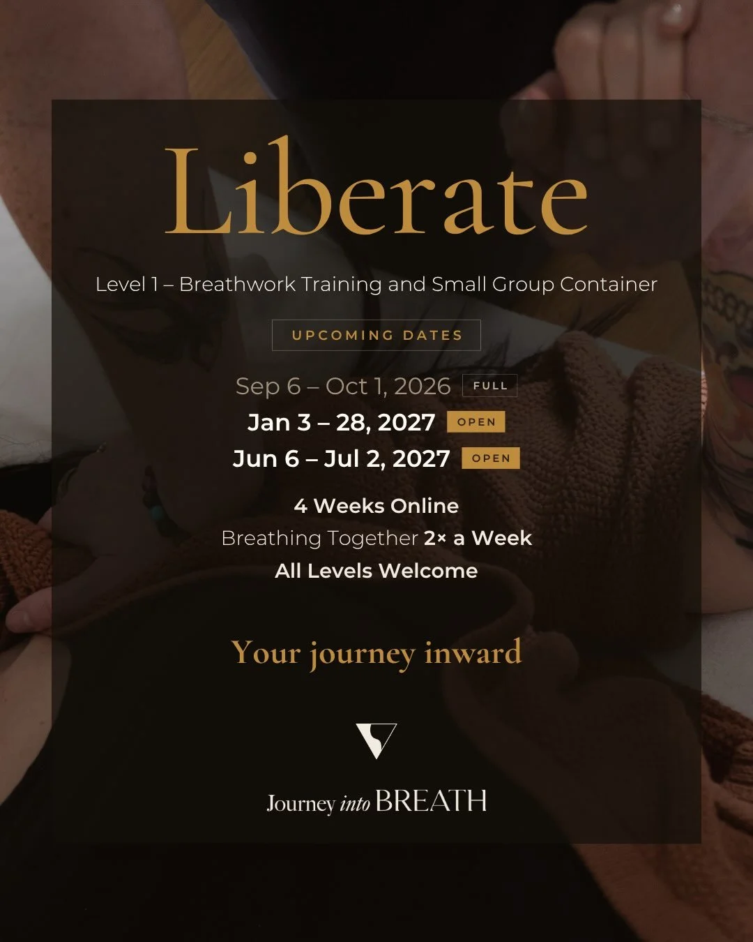 A little update on our breathwork trainings

If you&rsquo;ve been curious about learning breathwork, deepening your own practice, or supporting others through this work, here&rsquo;s where we&rsquo;re at:

LIBERATE &middot; LEVEL 1
A 4-week online co