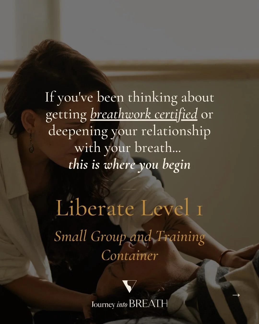 Liberate Level 1 is our small-group container and the first level of our two-part breathwork training.

For 4 weeks, we breathe together 2x/week &mdash; creating the consistency, space, and support for real transformation to unfold.

Through these fo