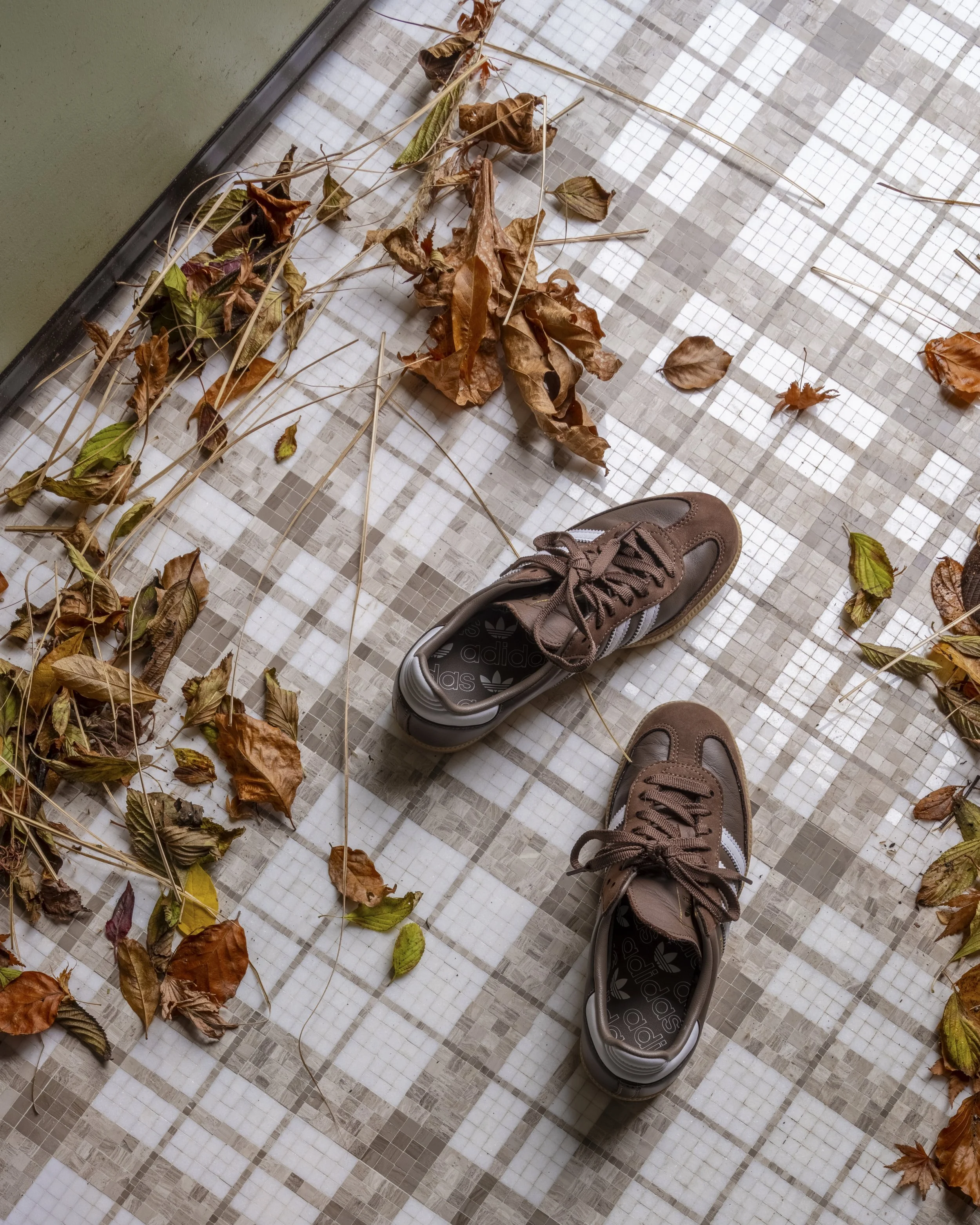 Brown sneakers on tiled floor with scattered dried leaves.