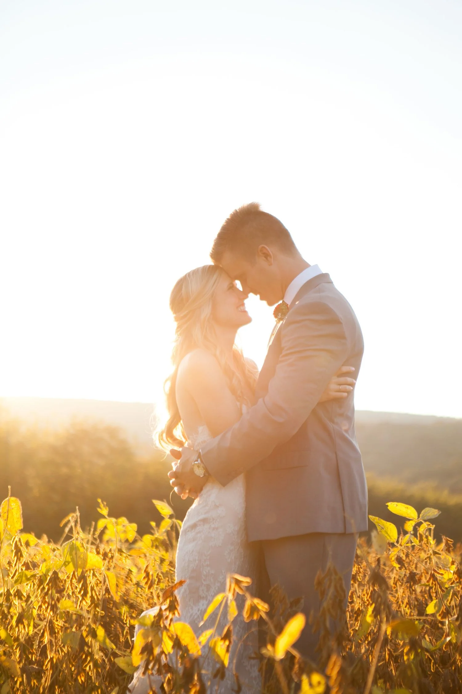 Bride and groom embracing in a sunlit field of yellow plants during sunset.