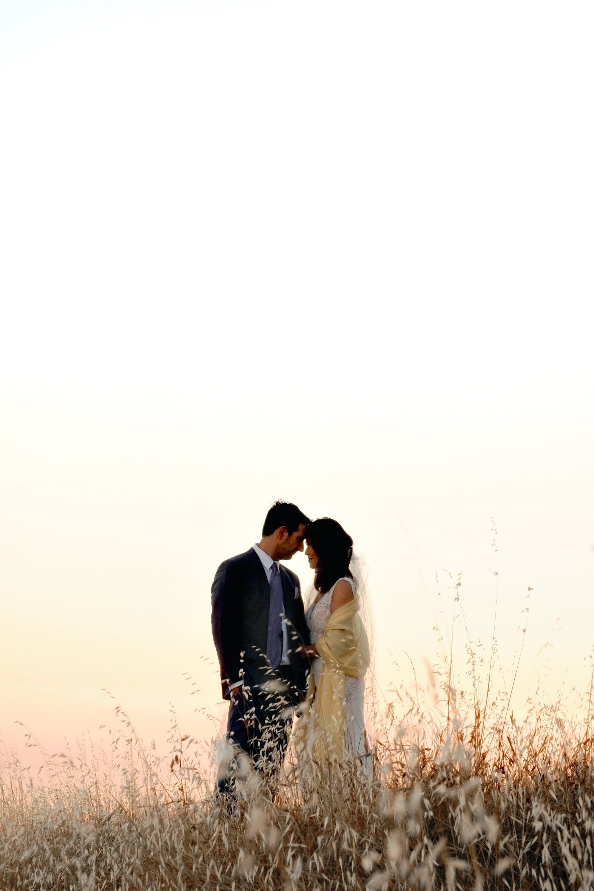 Couple embracing in field during sunset