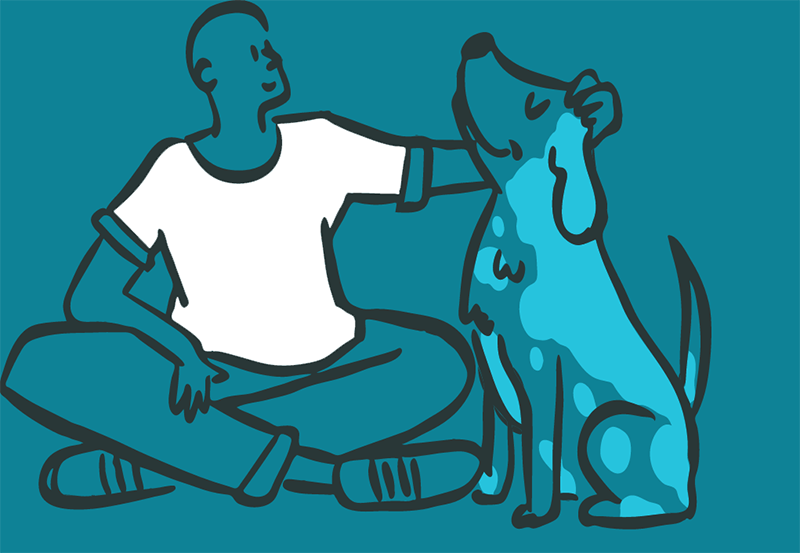 Illustration of a person in a white t-shirt petting a smiling dog.