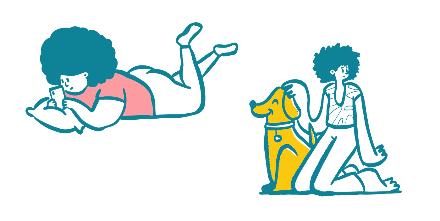 In this illustration, one person in a pink shirt reads their phone while another person in a striped shirt pets a found dog.