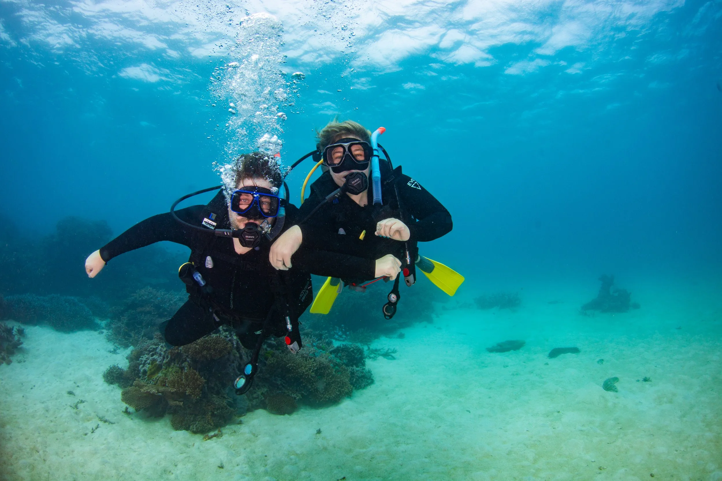Two scuba divers underwater near a coral reef, wearing black wetsuits, masks, and tanks, with one diver giving a thumbs up.