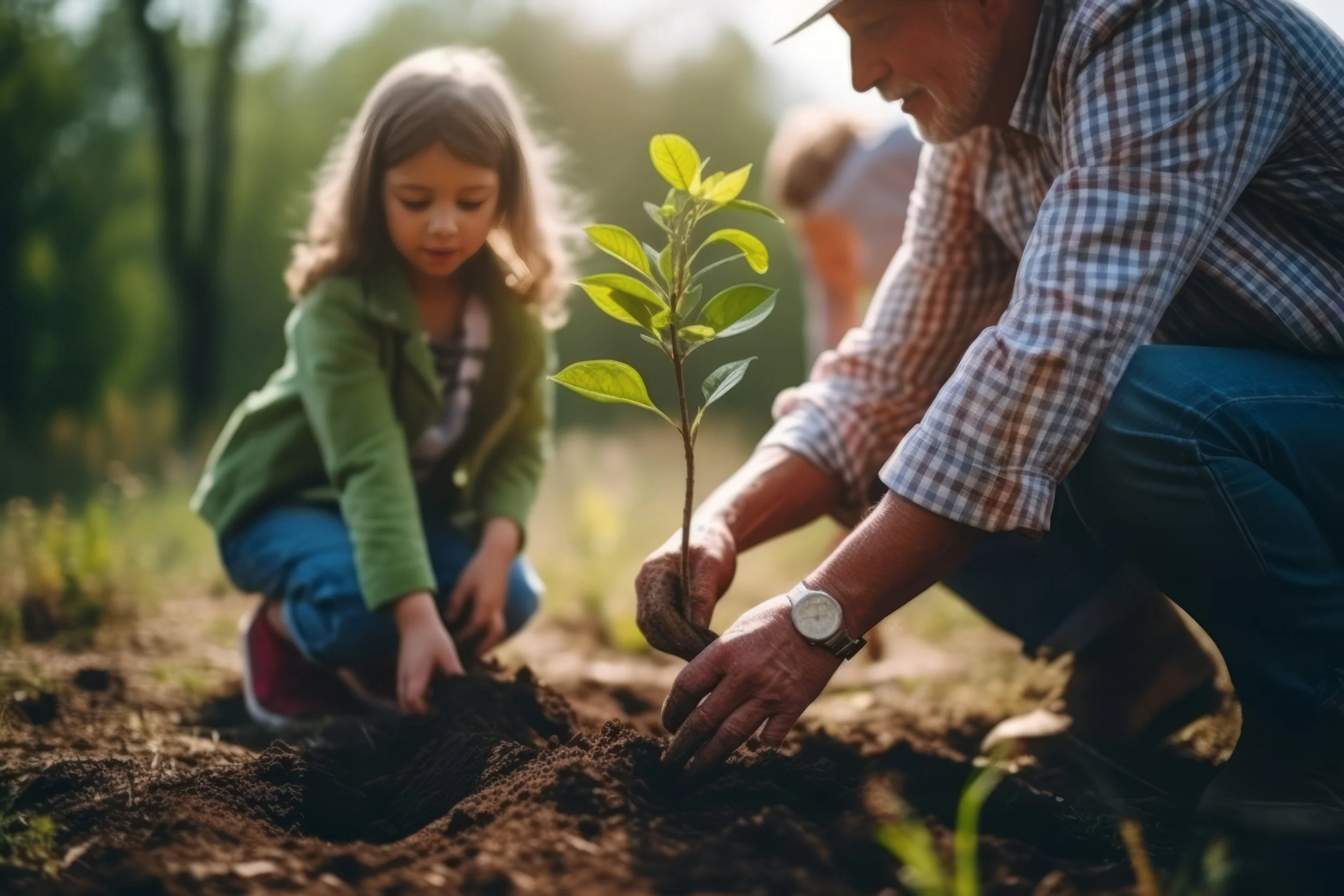 An older man and a young girl planting a small tree together