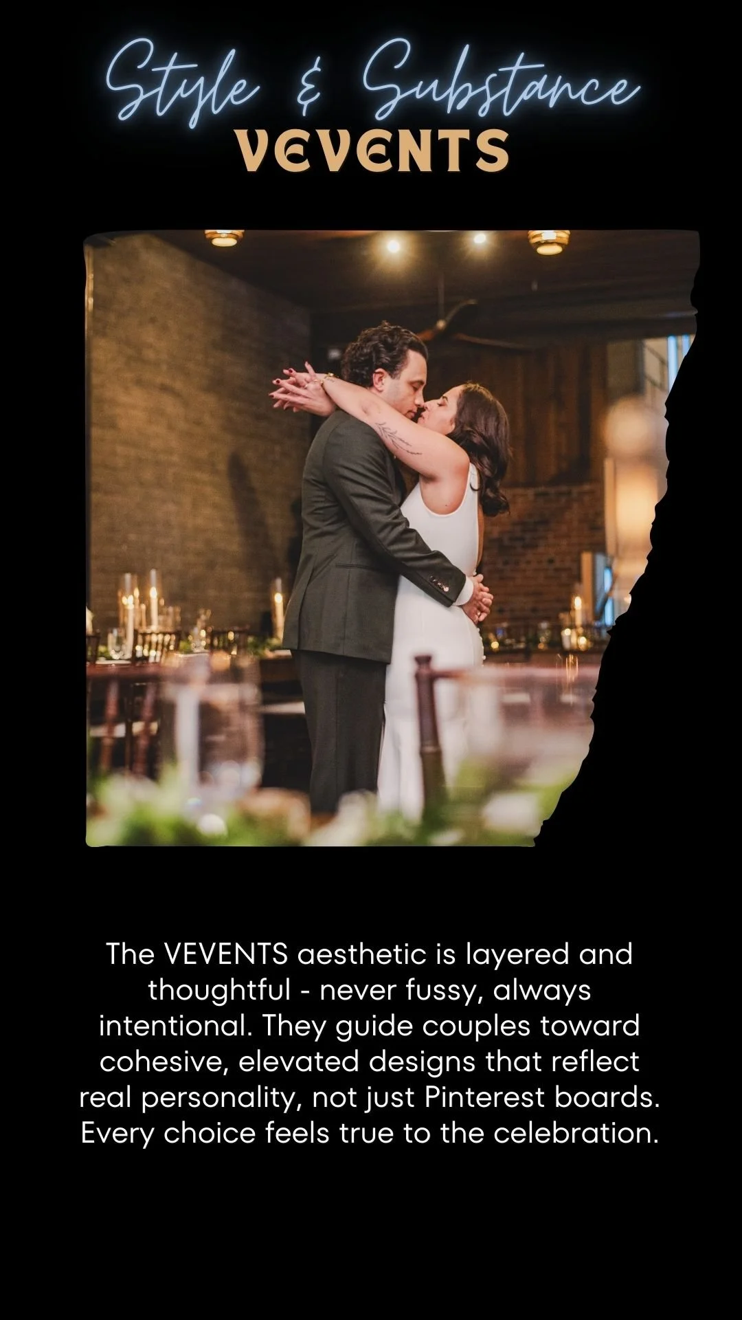 The image features a romantic moment of a couple embracing during their wedding reception, with a decorated table and ambient lighting in the background.