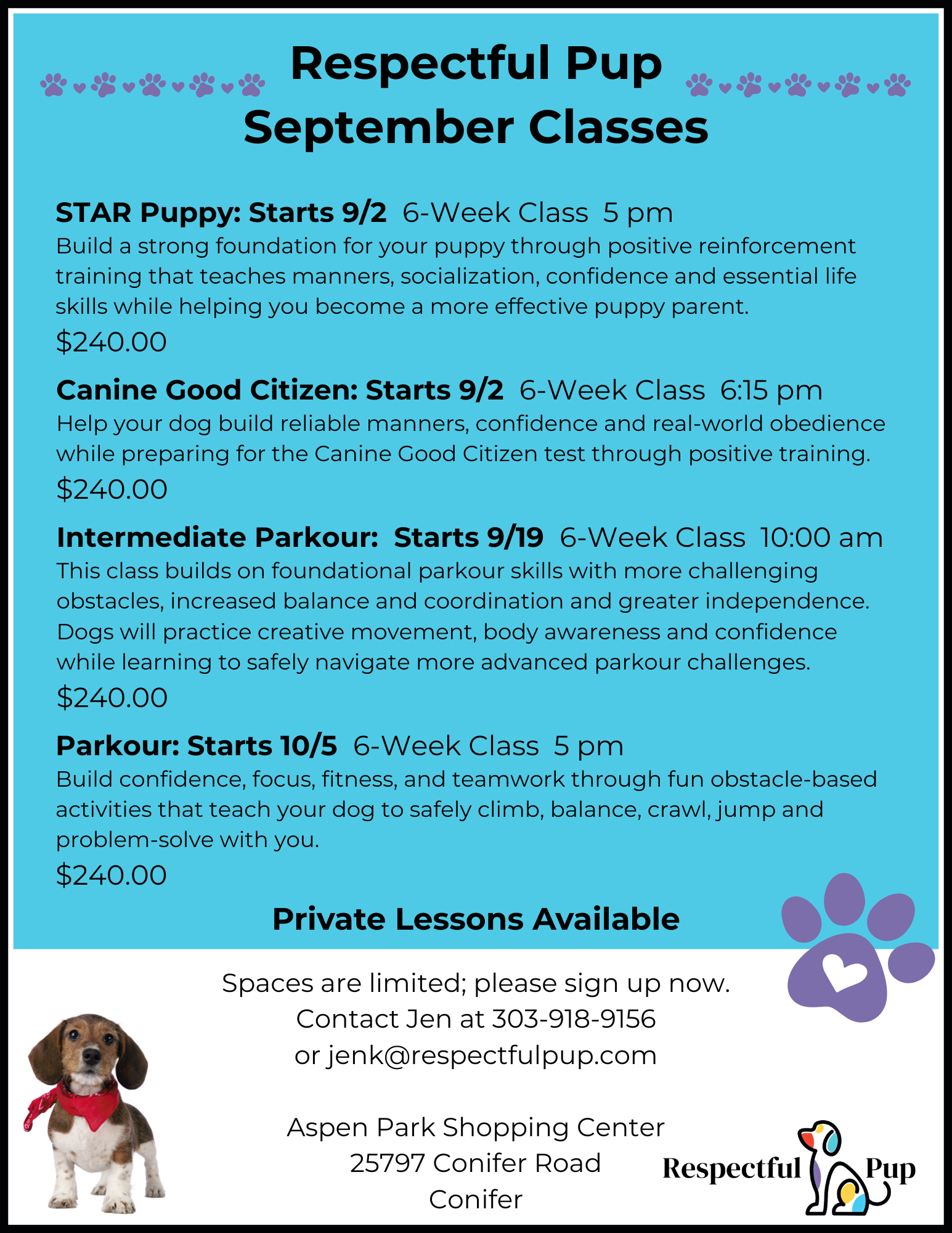 Flyer for Respectful Pup dog training classes in September, including puppy, beginner, and private lessons, with contact information and location at Aspen Park Shopping Center.