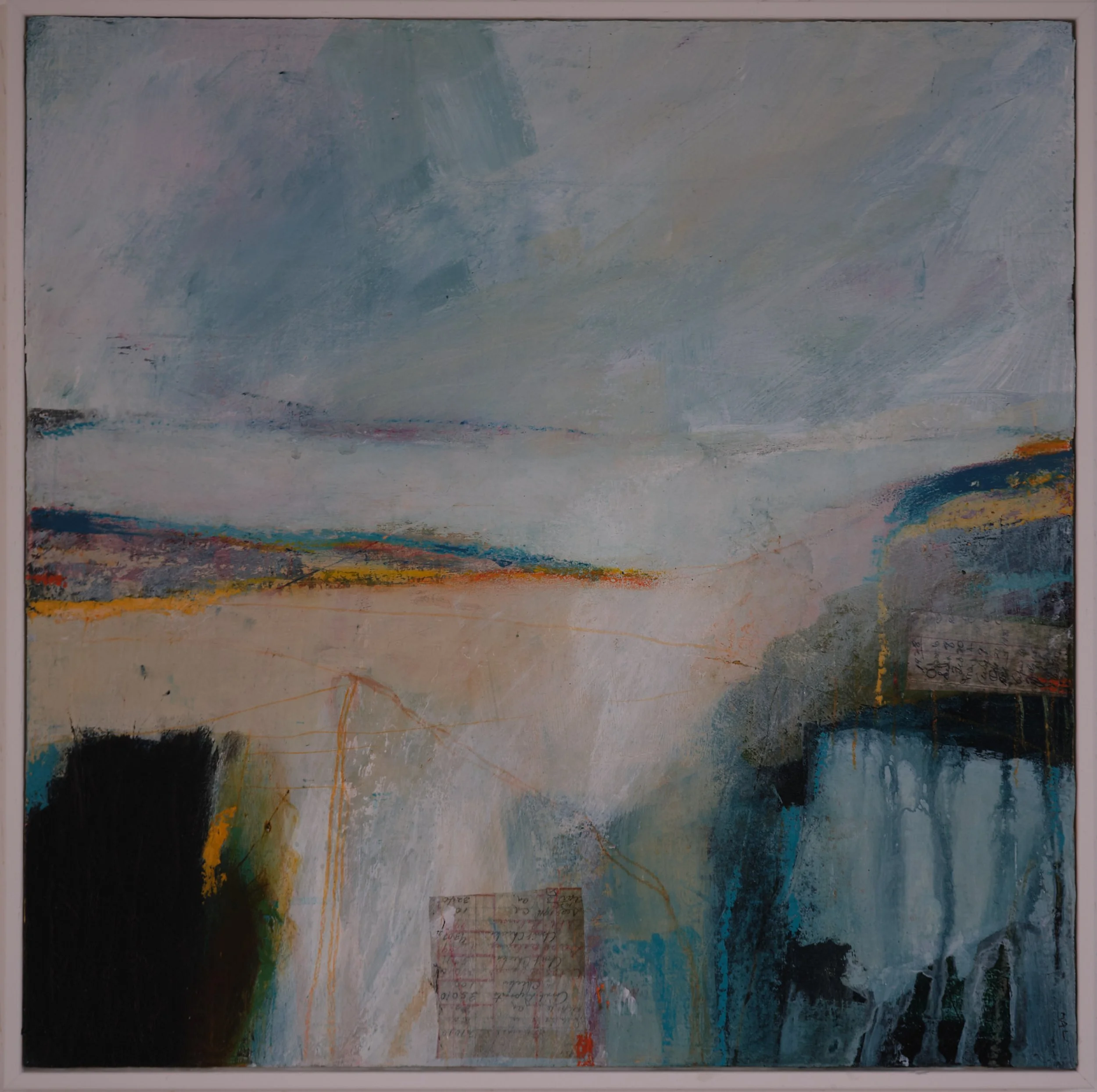 Across the sand 
Acrylic, collage and mixed media on board
and finished with archival varnish.
41cm x 41cm including frame.
 £350