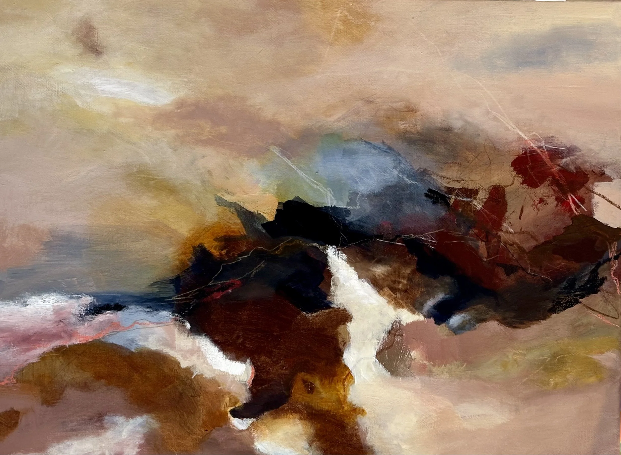 The quiet burn, mixed media on linen canvas, framed 83cm x 63cm