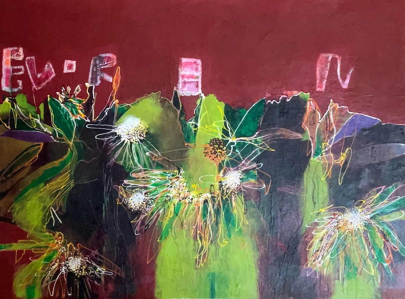 Lasting forever, acrylic and mixed media on panel, 49cm x 26cm