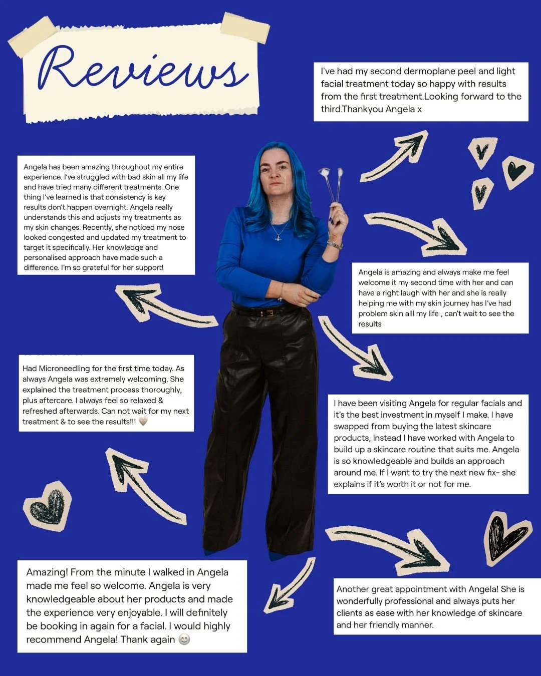 Your reviews mean more to me than any before &amp; afters.

You&rsquo;ll notice the same things coming up again and again:
&bull; feeling safe
&bull; feeling heard
&bull; understanding their skin
&bull; seeing change through consistency

Your Skin do